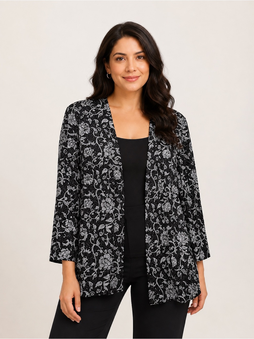 Michelangelo 18W Black Silver Floral Open Front Shrug Jacket